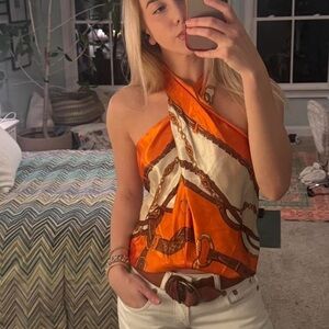 Zara Orange and Cream Chain Print Scarf Top